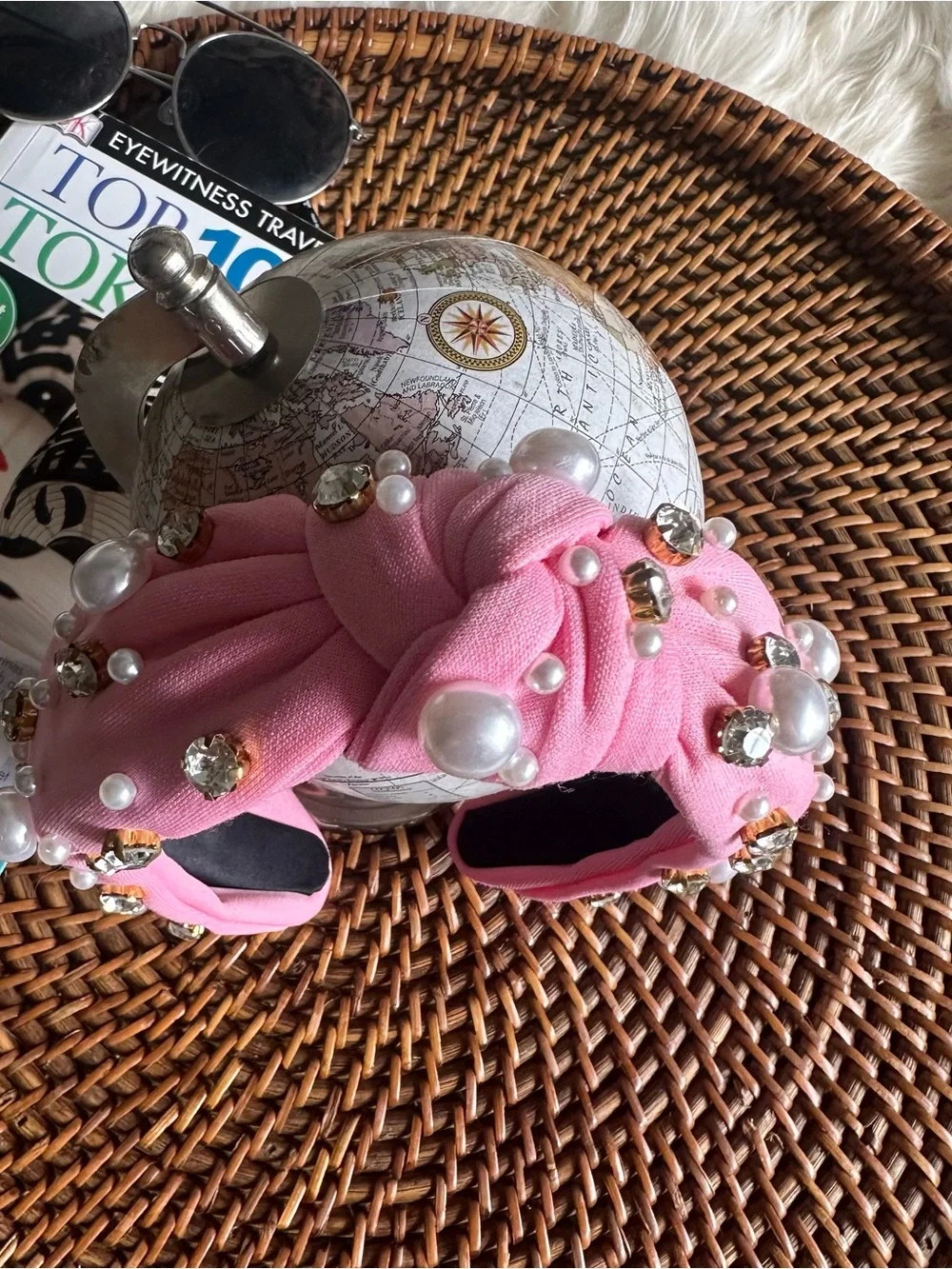 Embellished Knotted Pink Headband with Pearls and Rhinestones